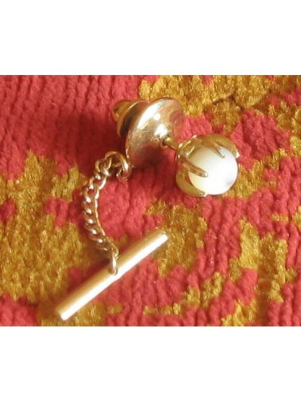 Vintage Tie Tack Gold Tone Chain With Faux Pearl Accent
